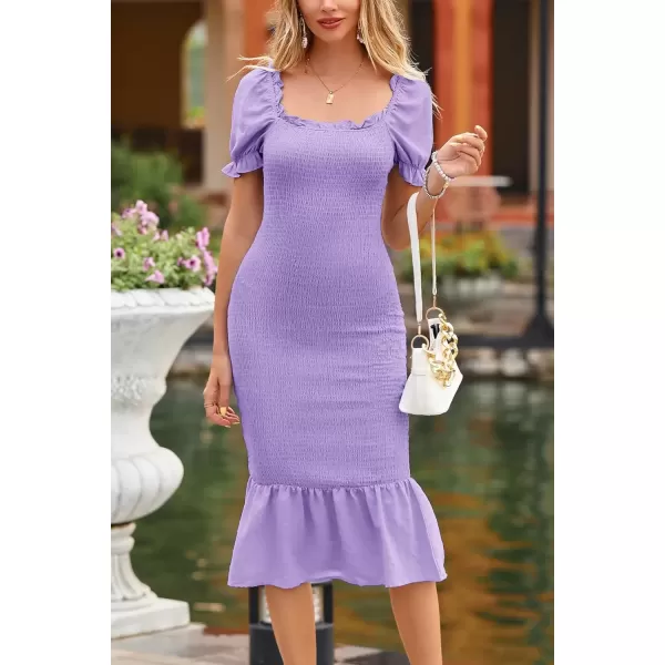imagePRETTYGARDEN Womens Summer Floral Midi Bodycon Dresses Short Puff Sleeve Square Neck Ruffle Hem Mermaid Cocktail DressSolid Light Purple