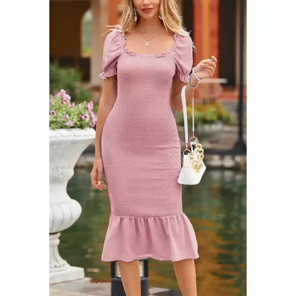 imagePRETTYGARDEN Womens Summer Floral Midi Bodycon Dresses Short Puff Sleeve Square Neck Ruffle Hem Mermaid Cocktail DressSolid Pink