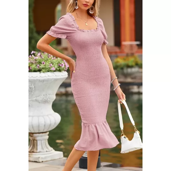 imagePRETTYGARDEN Womens Summer Floral Midi Bodycon Dresses Short Puff Sleeve Square Neck Ruffle Hem Mermaid Cocktail DressSolid Pink