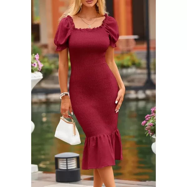 imagePRETTYGARDEN Womens Summer Floral Midi Bodycon Dresses Short Puff Sleeve Square Neck Ruffle Hem Mermaid Cocktail DressSolid Wine Red