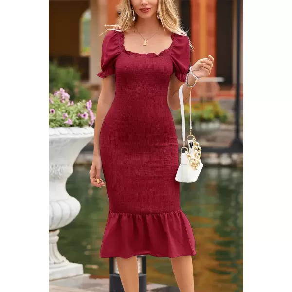 imagePRETTYGARDEN Womens Summer Floral Midi Bodycon Dresses Short Puff Sleeve Square Neck Ruffle Hem Mermaid Cocktail DressSolid Wine Red