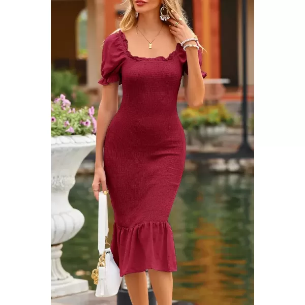 imagePRETTYGARDEN Womens Summer Floral Midi Bodycon Dresses Short Puff Sleeve Square Neck Ruffle Hem Mermaid Cocktail DressSolid Wine Red