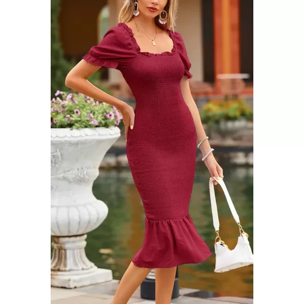 imagePRETTYGARDEN Womens Summer Floral Midi Bodycon Dresses Short Puff Sleeve Square Neck Ruffle Hem Mermaid Cocktail DressSolid Wine Red