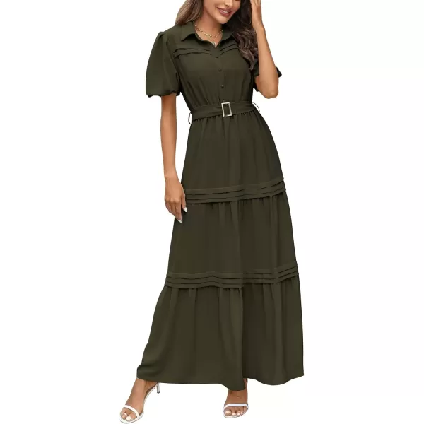 imagePRETTYGARDEN Womens Summer Maxi Dress Puff Short Sleeve Lapel V Neck Tiered A Line Flowy Elegant Party Dresses with BeltArmy Green