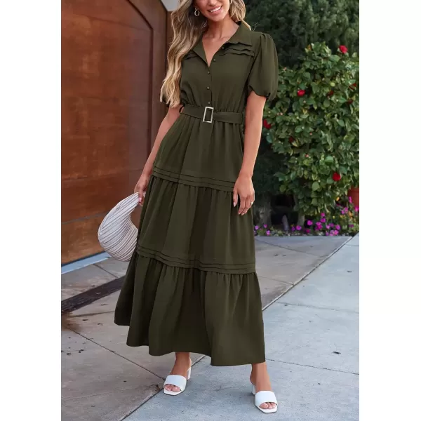 imagePRETTYGARDEN Womens Summer Maxi Dress Puff Short Sleeve Lapel V Neck Tiered A Line Flowy Elegant Party Dresses with BeltArmy Green