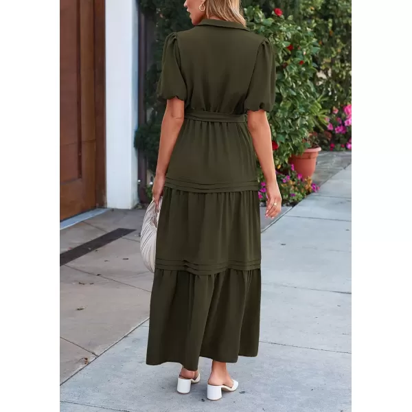 imagePRETTYGARDEN Womens Summer Maxi Dress Puff Short Sleeve Lapel V Neck Tiered A Line Flowy Elegant Party Dresses with BeltArmy Green
