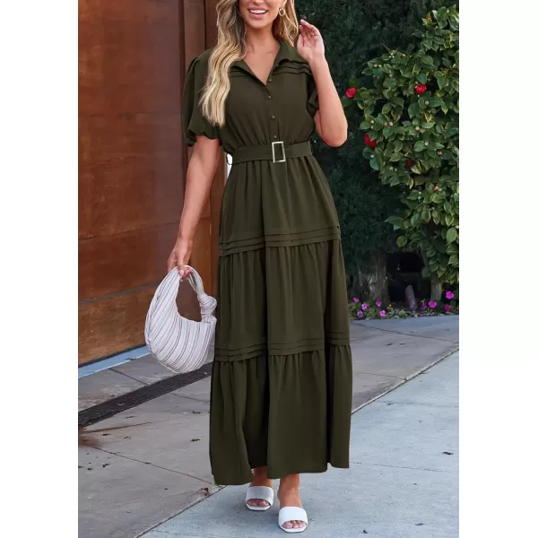 imagePRETTYGARDEN Womens Summer Maxi Dress Puff Short Sleeve Lapel V Neck Tiered A Line Flowy Elegant Party Dresses with BeltArmy Green