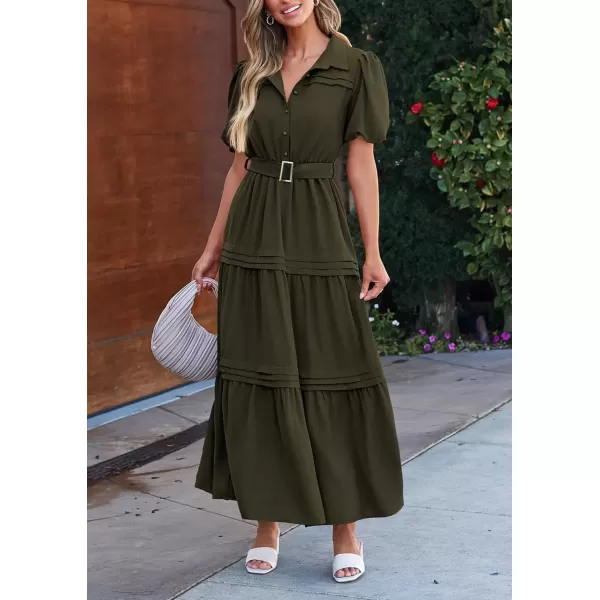 imagePRETTYGARDEN Womens Summer Maxi Dress Puff Short Sleeve Lapel V Neck Tiered A Line Flowy Elegant Party Dresses with BeltArmy Green