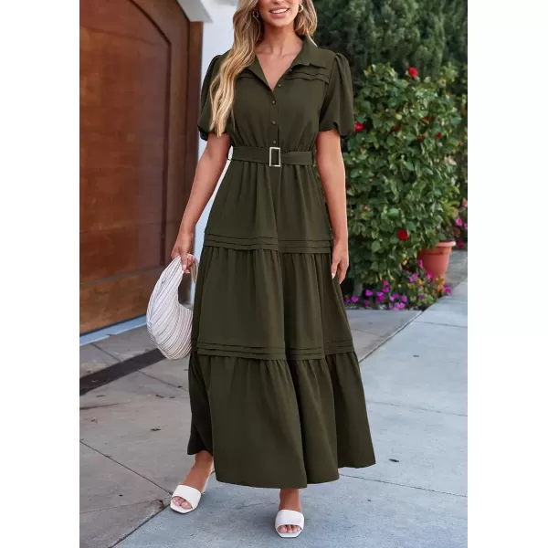 imagePRETTYGARDEN Womens Summer Maxi Dress Puff Short Sleeve Lapel V Neck Tiered A Line Flowy Elegant Party Dresses with BeltArmy Green