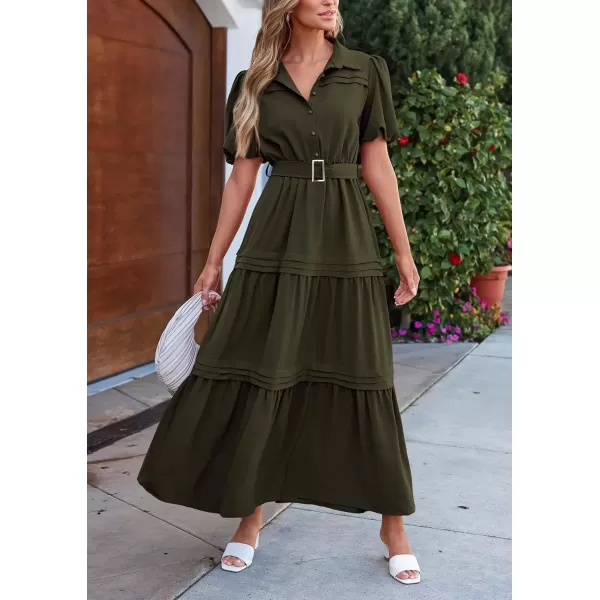 imagePRETTYGARDEN Womens Summer Maxi Dress Puff Short Sleeve Lapel V Neck Tiered A Line Flowy Elegant Party Dresses with BeltArmy Green