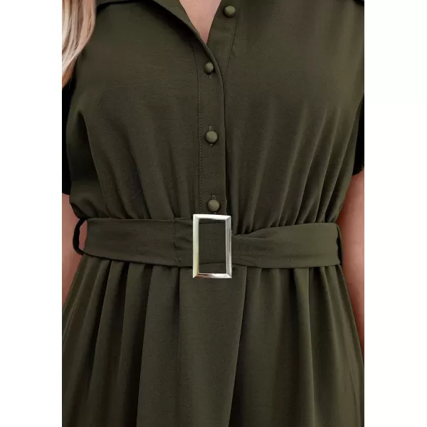 imagePRETTYGARDEN Womens Summer Maxi Dress Puff Short Sleeve Lapel V Neck Tiered A Line Flowy Elegant Party Dresses with BeltArmy Green