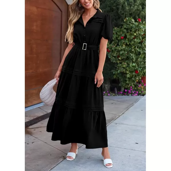 imagePRETTYGARDEN Womens Summer Maxi Dress Puff Short Sleeve Lapel V Neck Tiered A Line Flowy Elegant Party Dresses with BeltBlack
