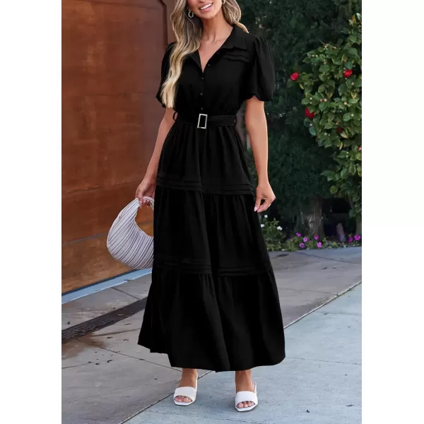 imagePRETTYGARDEN Womens Summer Maxi Dress Puff Short Sleeve Lapel V Neck Tiered A Line Flowy Elegant Party Dresses with BeltBlack