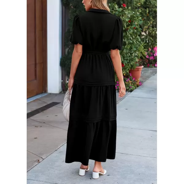 imagePRETTYGARDEN Womens Summer Maxi Dress Puff Short Sleeve Lapel V Neck Tiered A Line Flowy Elegant Party Dresses with BeltBlack