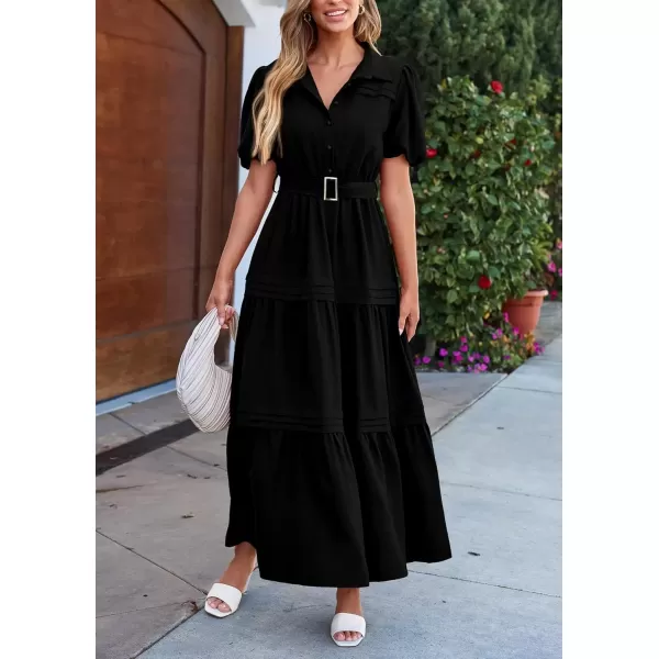 imagePRETTYGARDEN Womens Summer Maxi Dress Puff Short Sleeve Lapel V Neck Tiered A Line Flowy Elegant Party Dresses with BeltBlack