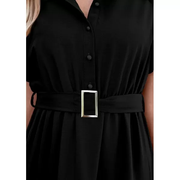 imagePRETTYGARDEN Womens Summer Maxi Dress Puff Short Sleeve Lapel V Neck Tiered A Line Flowy Elegant Party Dresses with BeltBlack