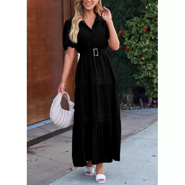 imagePRETTYGARDEN Womens Summer Maxi Dress Puff Short Sleeve Lapel V Neck Tiered A Line Flowy Elegant Party Dresses with BeltBlack