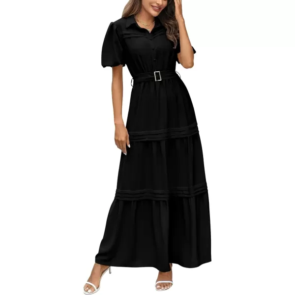 imagePRETTYGARDEN Womens Summer Maxi Dress Puff Short Sleeve Lapel V Neck Tiered A Line Flowy Elegant Party Dresses with BeltBlack