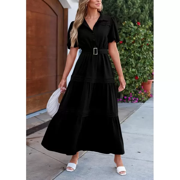 imagePRETTYGARDEN Womens Summer Maxi Dress Puff Short Sleeve Lapel V Neck Tiered A Line Flowy Elegant Party Dresses with BeltBlack
