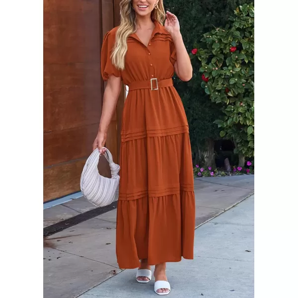 imagePRETTYGARDEN Womens Summer Maxi Dress Puff Short Sleeve Lapel V Neck Tiered A Line Flowy Elegant Party Dresses with BeltBrick Red