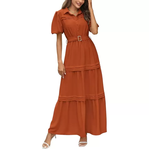 imagePRETTYGARDEN Womens Summer Maxi Dress Puff Short Sleeve Lapel V Neck Tiered A Line Flowy Elegant Party Dresses with BeltBrick Red