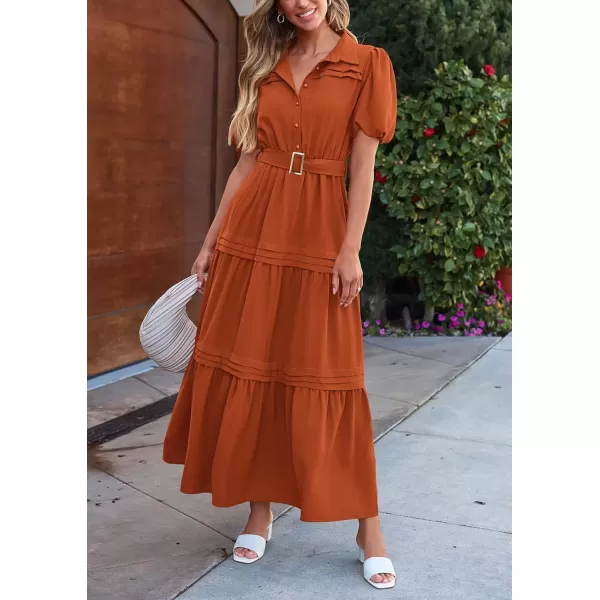 imagePRETTYGARDEN Womens Summer Maxi Dress Puff Short Sleeve Lapel V Neck Tiered A Line Flowy Elegant Party Dresses with BeltBrick Red