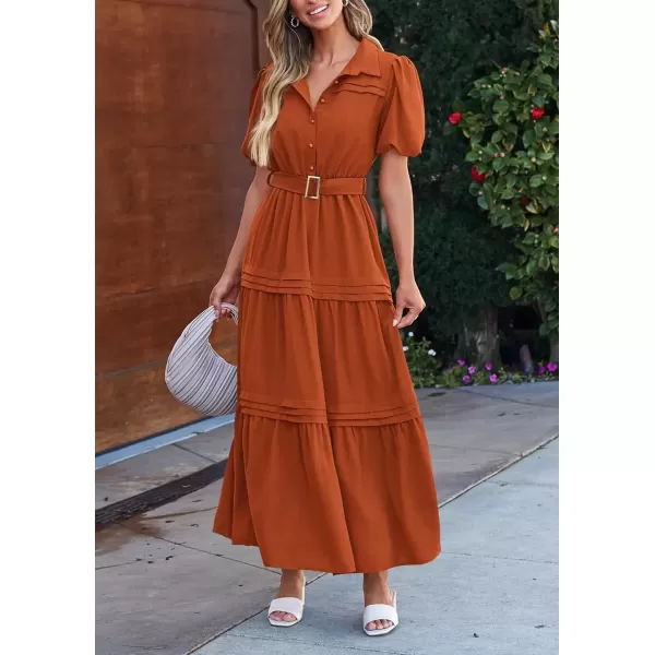 imagePRETTYGARDEN Womens Summer Maxi Dress Puff Short Sleeve Lapel V Neck Tiered A Line Flowy Elegant Party Dresses with BeltBrick Red