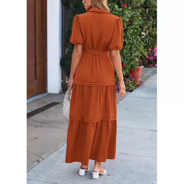 imagePRETTYGARDEN Womens Summer Maxi Dress Puff Short Sleeve Lapel V Neck Tiered A Line Flowy Elegant Party Dresses with BeltBrick Red
