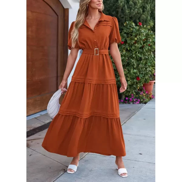imagePRETTYGARDEN Womens Summer Maxi Dress Puff Short Sleeve Lapel V Neck Tiered A Line Flowy Elegant Party Dresses with BeltBrick Red
