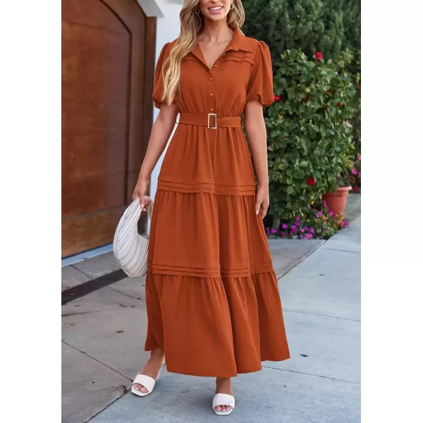 imagePRETTYGARDEN Womens Summer Maxi Dress Puff Short Sleeve Lapel V Neck Tiered A Line Flowy Elegant Party Dresses with BeltBrick Red