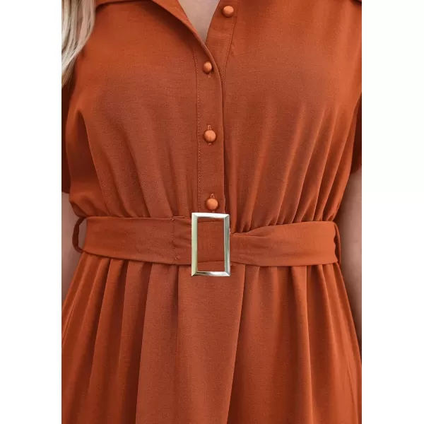 imagePRETTYGARDEN Womens Summer Maxi Dress Puff Short Sleeve Lapel V Neck Tiered A Line Flowy Elegant Party Dresses with BeltBrick Red