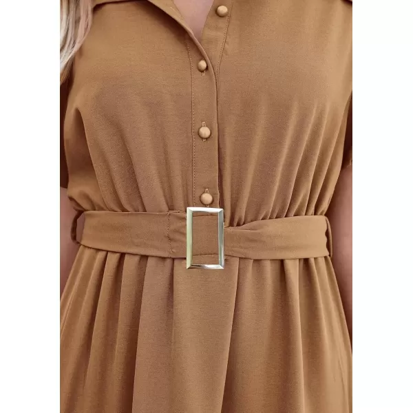 imagePRETTYGARDEN Womens Summer Maxi Dress Puff Short Sleeve Lapel V Neck Tiered A Line Flowy Elegant Party Dresses with BeltKhaki