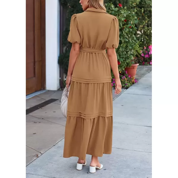 imagePRETTYGARDEN Womens Summer Maxi Dress Puff Short Sleeve Lapel V Neck Tiered A Line Flowy Elegant Party Dresses with BeltKhaki