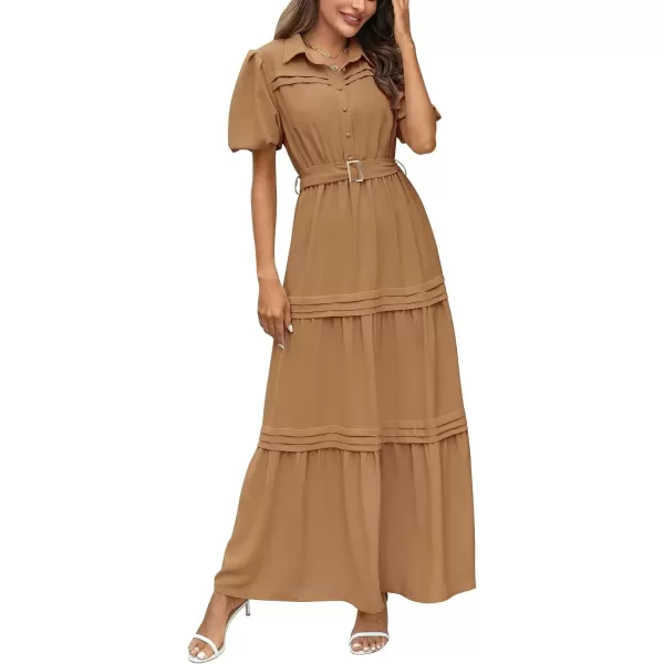 imagePRETTYGARDEN Womens Summer Maxi Dress Puff Short Sleeve Lapel V Neck Tiered A Line Flowy Elegant Party Dresses with BeltKhaki