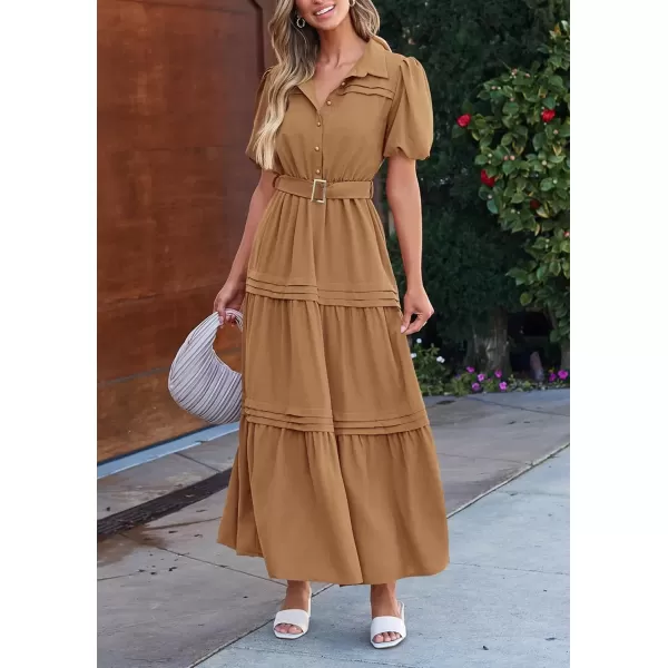 imagePRETTYGARDEN Womens Summer Maxi Dress Puff Short Sleeve Lapel V Neck Tiered A Line Flowy Elegant Party Dresses with BeltKhaki