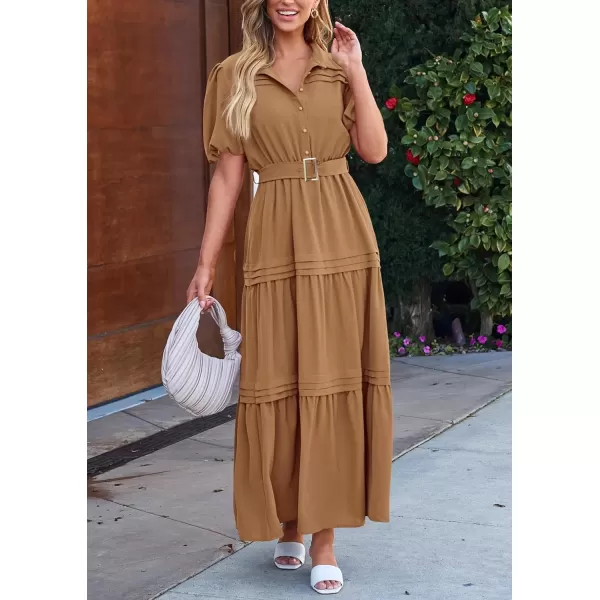 imagePRETTYGARDEN Womens Summer Maxi Dress Puff Short Sleeve Lapel V Neck Tiered A Line Flowy Elegant Party Dresses with BeltKhaki