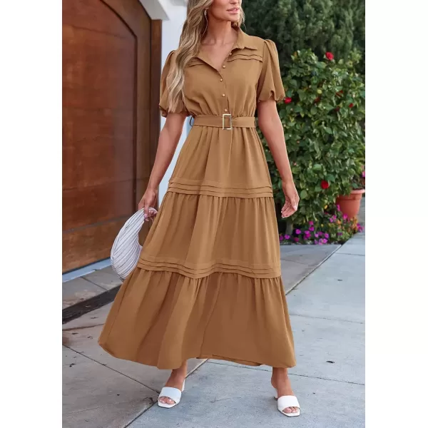 imagePRETTYGARDEN Womens Summer Maxi Dress Puff Short Sleeve Lapel V Neck Tiered A Line Flowy Elegant Party Dresses with BeltKhaki