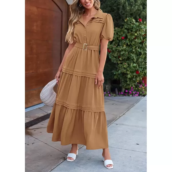 imagePRETTYGARDEN Womens Summer Maxi Dress Puff Short Sleeve Lapel V Neck Tiered A Line Flowy Elegant Party Dresses with BeltKhaki