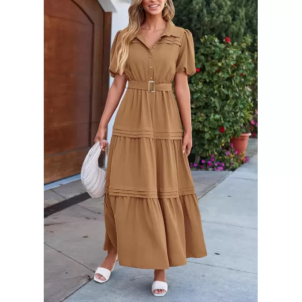 imagePRETTYGARDEN Womens Summer Maxi Dress Puff Short Sleeve Lapel V Neck Tiered A Line Flowy Elegant Party Dresses with BeltKhaki