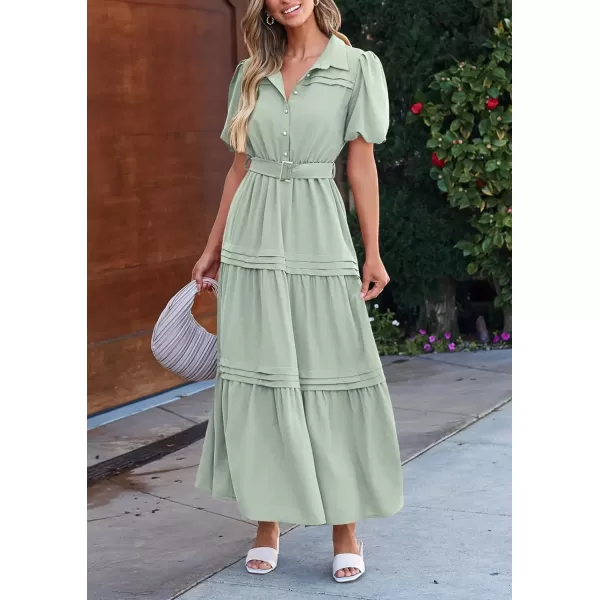 imagePRETTYGARDEN Womens Summer Maxi Dress Puff Short Sleeve Lapel V Neck Tiered A Line Flowy Elegant Party Dresses with BeltLight Green