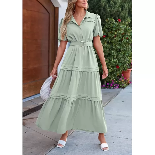 imagePRETTYGARDEN Womens Summer Maxi Dress Puff Short Sleeve Lapel V Neck Tiered A Line Flowy Elegant Party Dresses with BeltLight Green