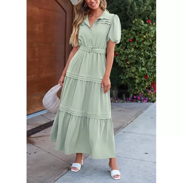 imagePRETTYGARDEN Womens Summer Maxi Dress Puff Short Sleeve Lapel V Neck Tiered A Line Flowy Elegant Party Dresses with BeltLight Green