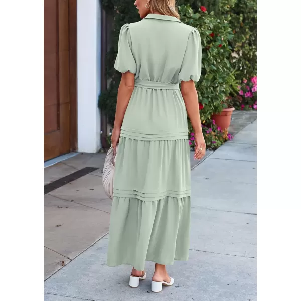 imagePRETTYGARDEN Womens Summer Maxi Dress Puff Short Sleeve Lapel V Neck Tiered A Line Flowy Elegant Party Dresses with BeltLight Green