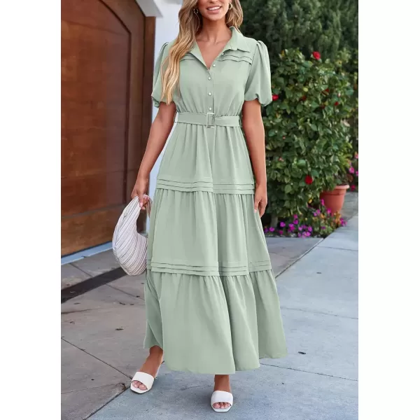 imagePRETTYGARDEN Womens Summer Maxi Dress Puff Short Sleeve Lapel V Neck Tiered A Line Flowy Elegant Party Dresses with BeltLight Green