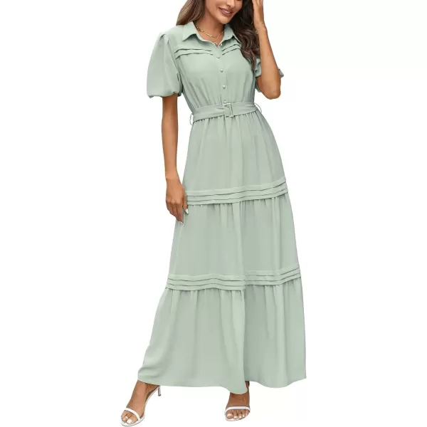 imagePRETTYGARDEN Womens Summer Maxi Dress Puff Short Sleeve Lapel V Neck Tiered A Line Flowy Elegant Party Dresses with BeltLight Green