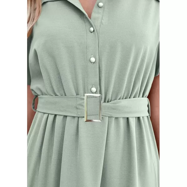 imagePRETTYGARDEN Womens Summer Maxi Dress Puff Short Sleeve Lapel V Neck Tiered A Line Flowy Elegant Party Dresses with BeltLight Green
