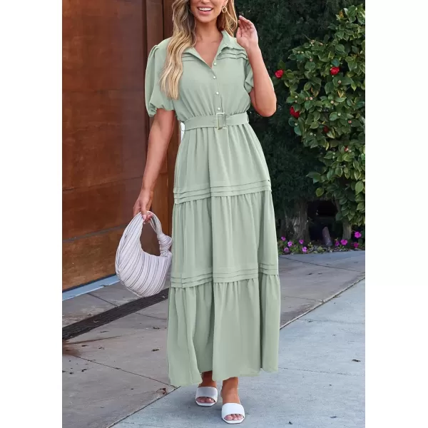 imagePRETTYGARDEN Womens Summer Maxi Dress Puff Short Sleeve Lapel V Neck Tiered A Line Flowy Elegant Party Dresses with BeltLight Green