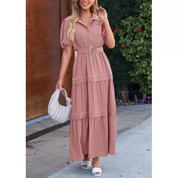 imagePRETTYGARDEN Womens Summer Maxi Dress Puff Short Sleeve Lapel V Neck Tiered A Line Flowy Elegant Party Dresses with BeltPink