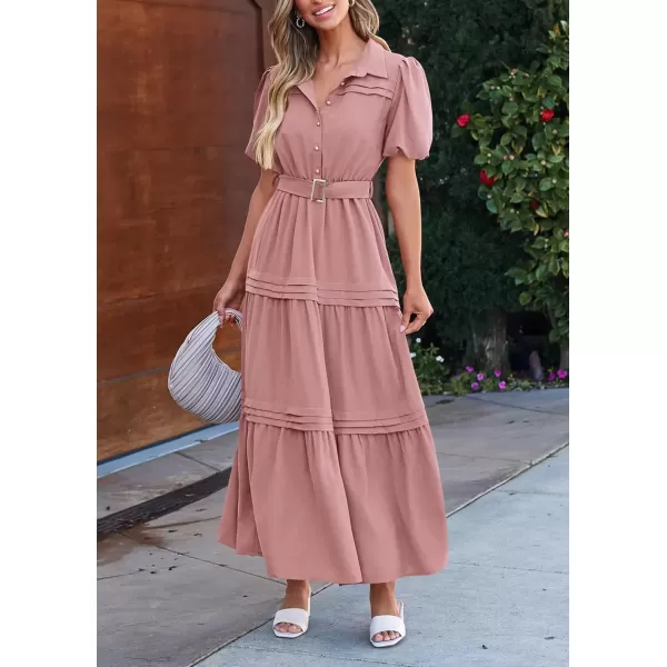 imagePRETTYGARDEN Womens Summer Maxi Dress Puff Short Sleeve Lapel V Neck Tiered A Line Flowy Elegant Party Dresses with BeltPink