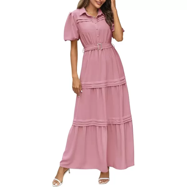 imagePRETTYGARDEN Womens Summer Maxi Dress Puff Short Sleeve Lapel V Neck Tiered A Line Flowy Elegant Party Dresses with BeltPink